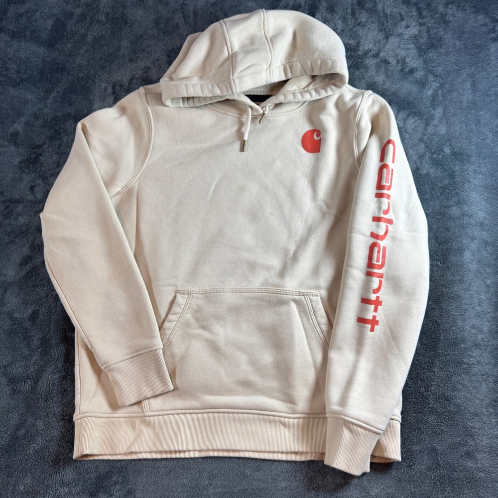Carhartt Womens XL Relaxed Fit Hoodie Cream Beige Red Graphic Sleeve Logo Top